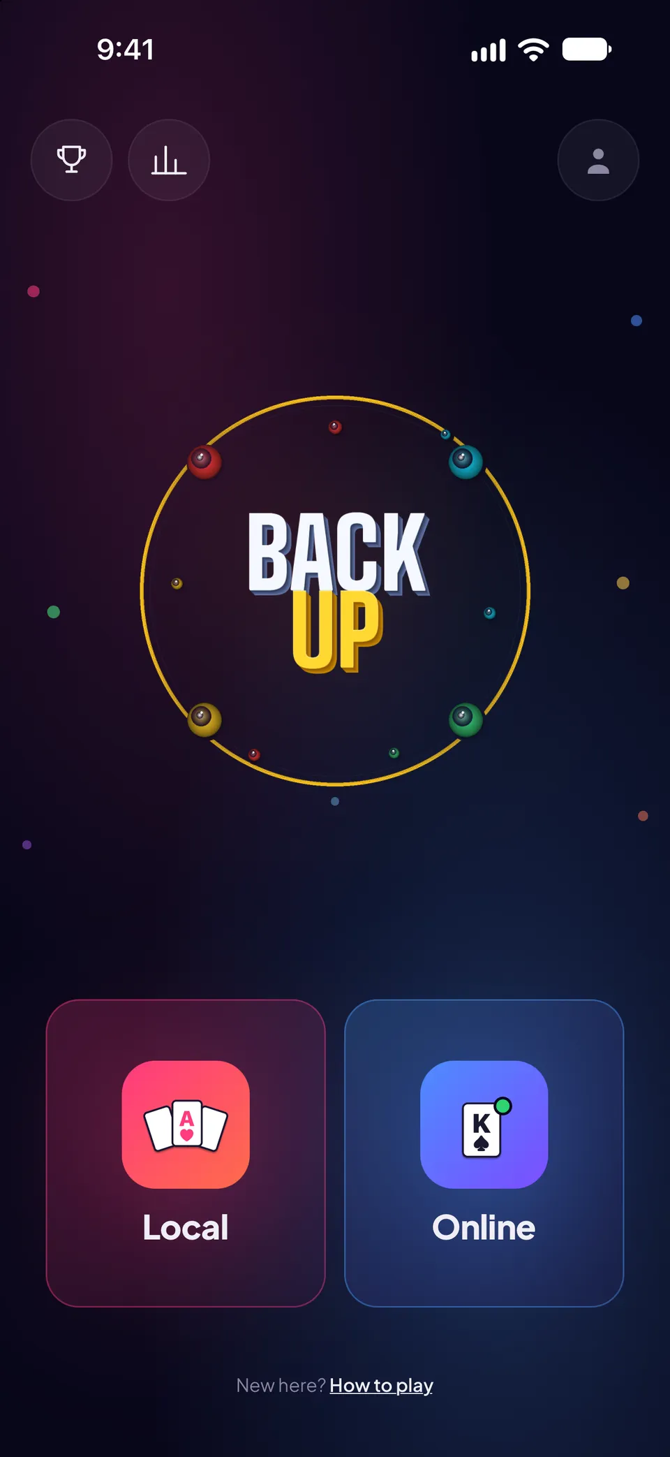 Back Up main menu with the game logo inside a ring of marbles, Local and Online buttons, and a How to play link for new players.