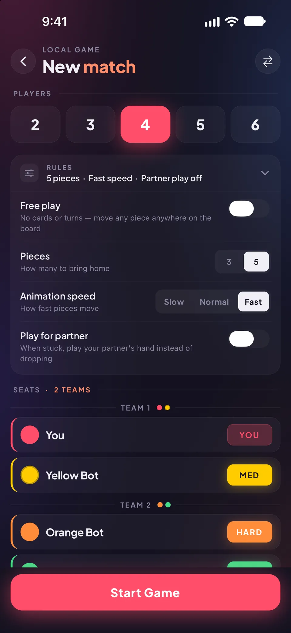 New match setup screen with player counts from 2 to 6 and 4 selected, a rules panel for number of pieces, animation speed, free play and partner play, and seats split into two teams with You and Yellow Bot on Team 1 and Orange Bot and Green Bot on Team 2.