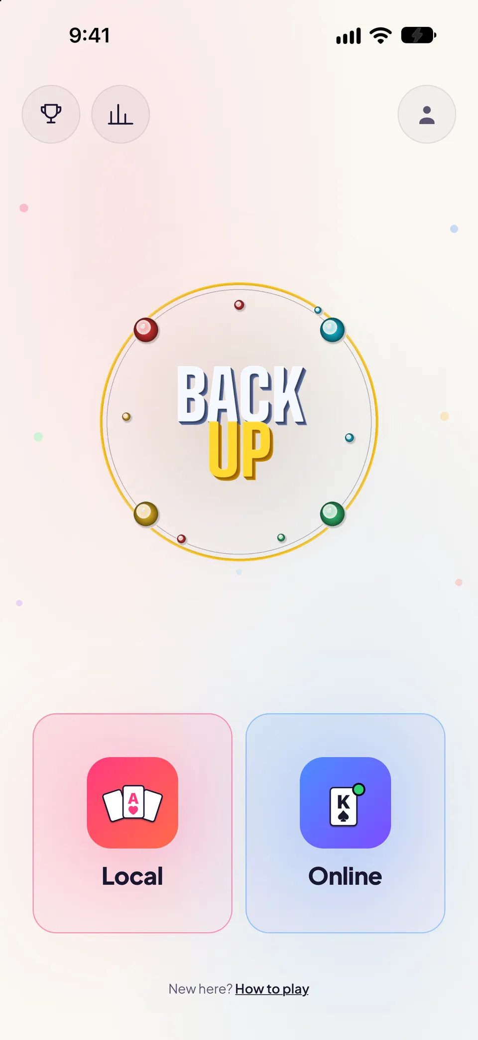 Back Up main menu with the game logo inside a ring of marbles, Local and Online buttons, and a How to play link for new players.