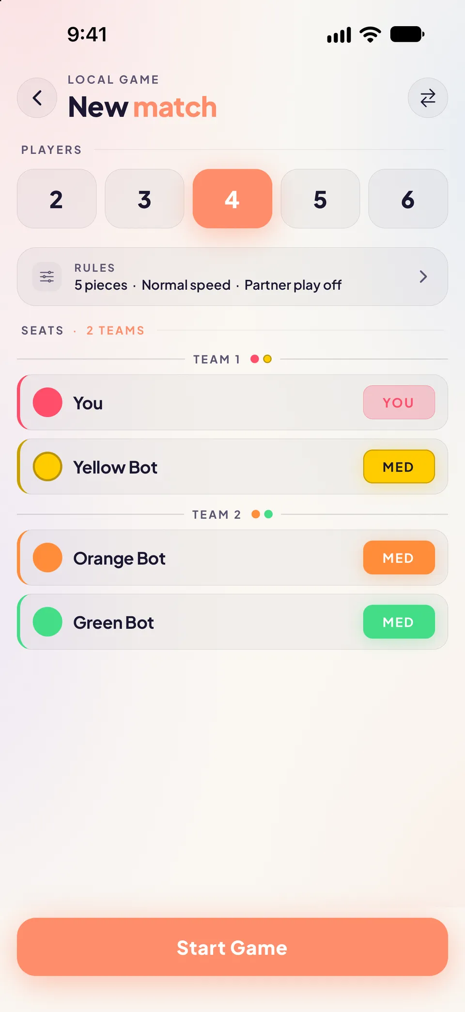 New match setup screen with player counts from 2 to 6 and 4 selected, a rules panel for number of pieces, animation speed, free play and partner play, and seats split into two teams with You and Yellow Bot on Team 1 and Orange Bot and Green Bot on Team 2.