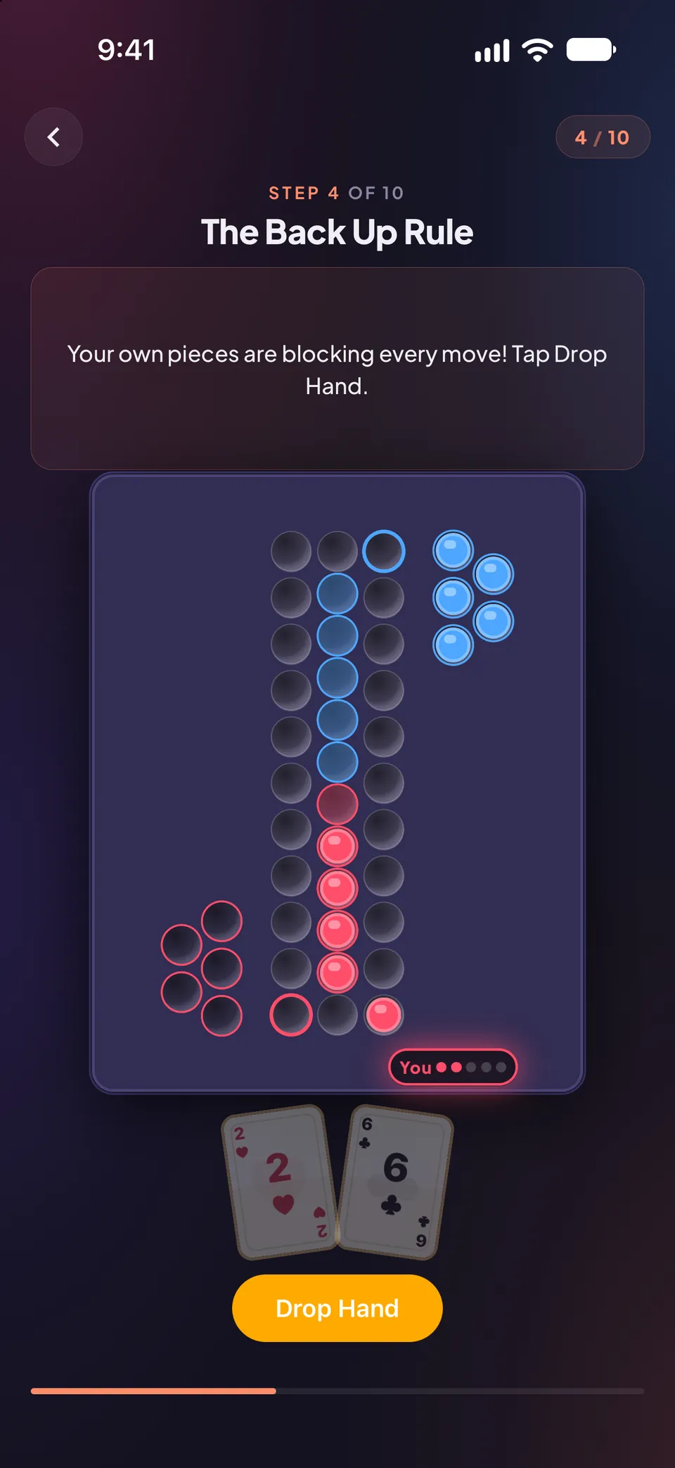 Tutorial step 4 of 10, The Back Up Rule. A message explains that the player’s own pieces block every move and asks them to tap Drop Hand, above a section of the board and two cards, a 2 and a 6.