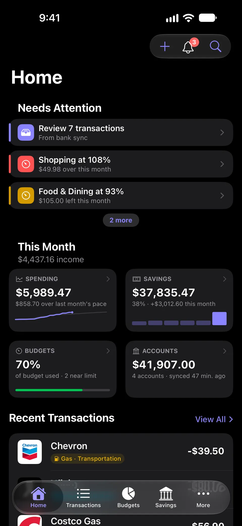 Balancely home screen. A Needs Attention list flags 7 transactions to review, Shopping at 108% of budget and Food & Dining at 93%. Below it are tiles for this month’s spending, savings, budgets and accounts, followed by recent transactions with merchant logos.