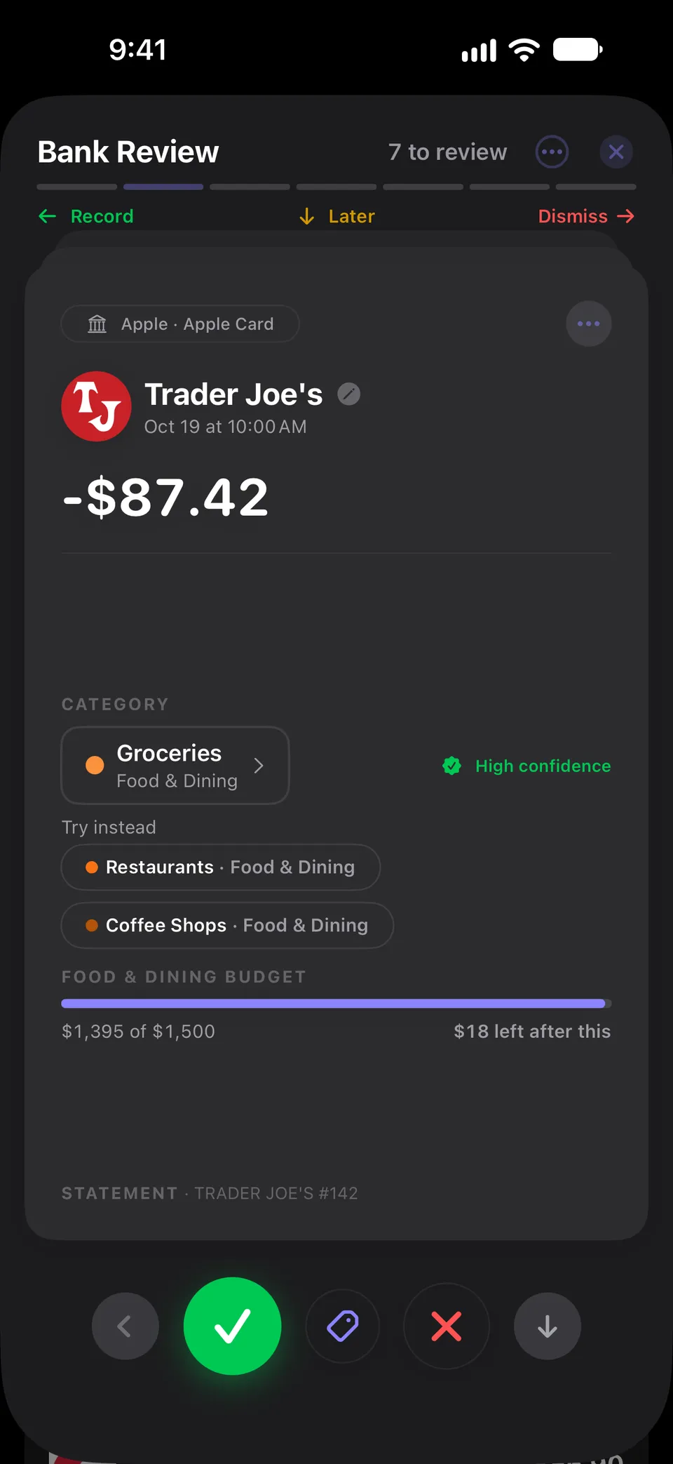 Bank Review card for an $87.42 Trader Joe’s charge on Apple Card, auto-categorized as Groceries with a High confidence badge. Alternative categories are offered below, along with the Food & Dining budget bar and buttons to record, tag, dismiss or review later.