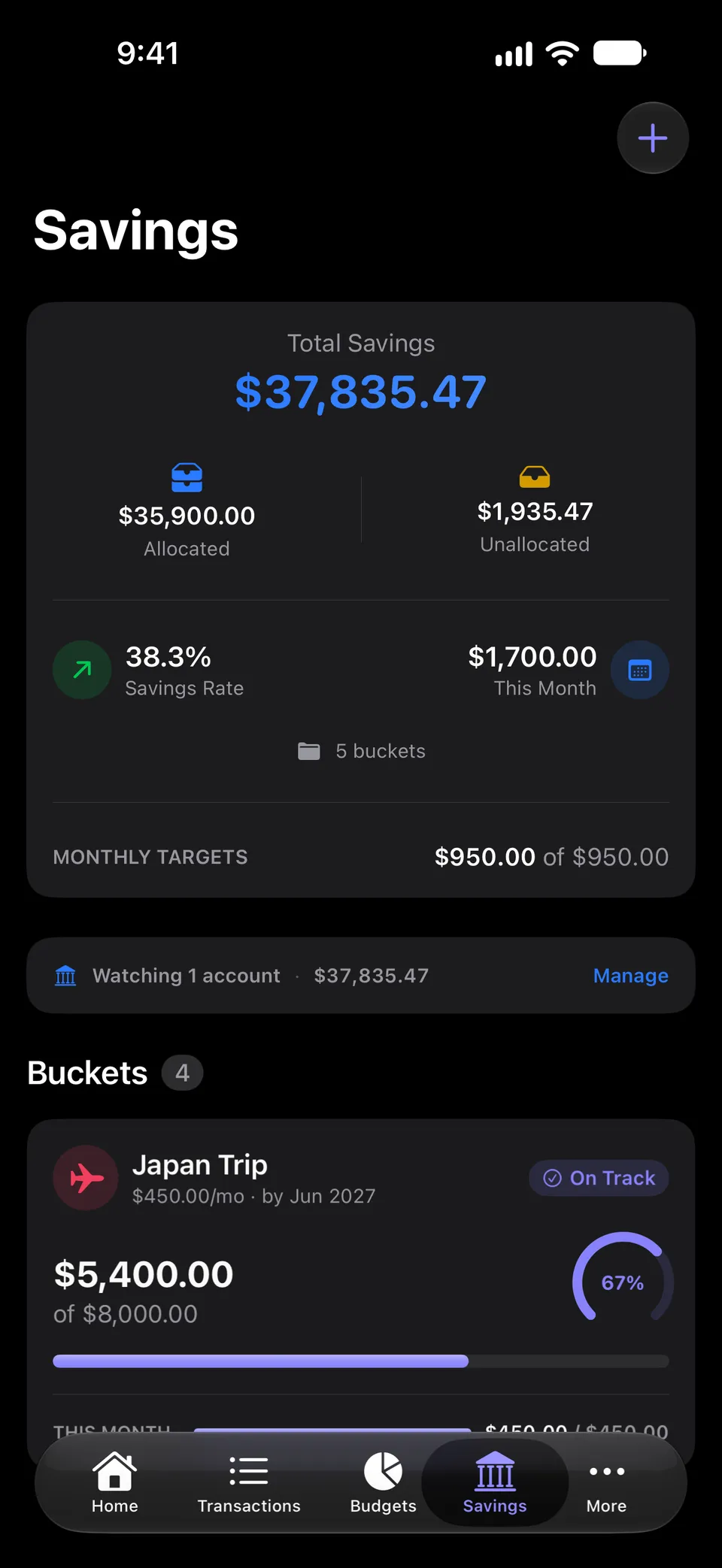 Savings screen showing total savings split into allocated and unallocated money, the savings rate, monthly targets and the watched savings account, above a Japan Trip goal at 67% with an On Track badge.