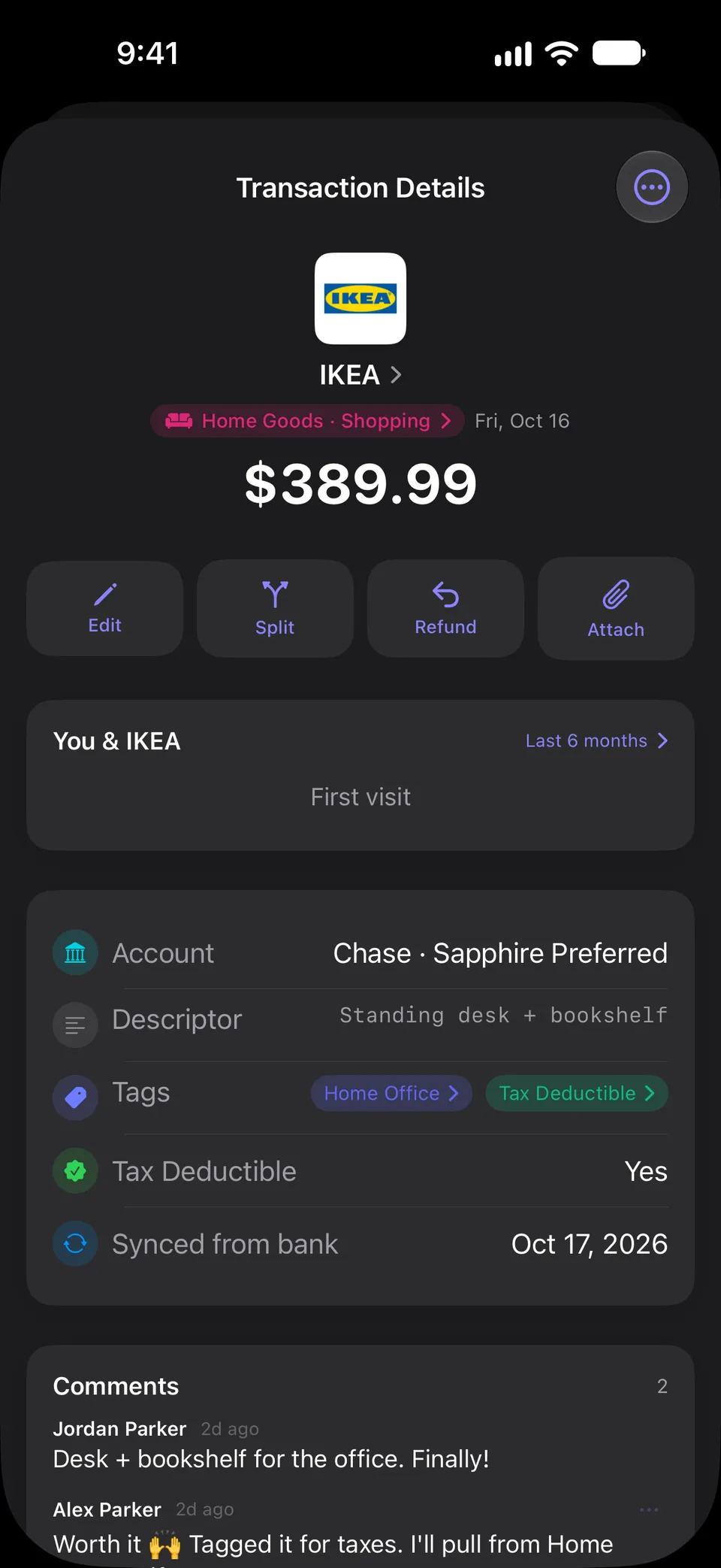 Transaction detail for a $389.99 IKEA purchase with edit, split, refund and attach actions, the account and descriptor, Home Office and Tax Deductible tags, and a comment thread between the two household members.