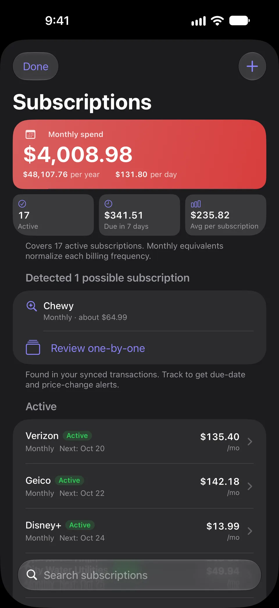Subscriptions screen with total monthly spend, the number of active subscriptions, the amount due in the next 7 days and the average cost, a detected possible subscription to review, and active bills such as phone, car insurance and streaming with their next due dates.