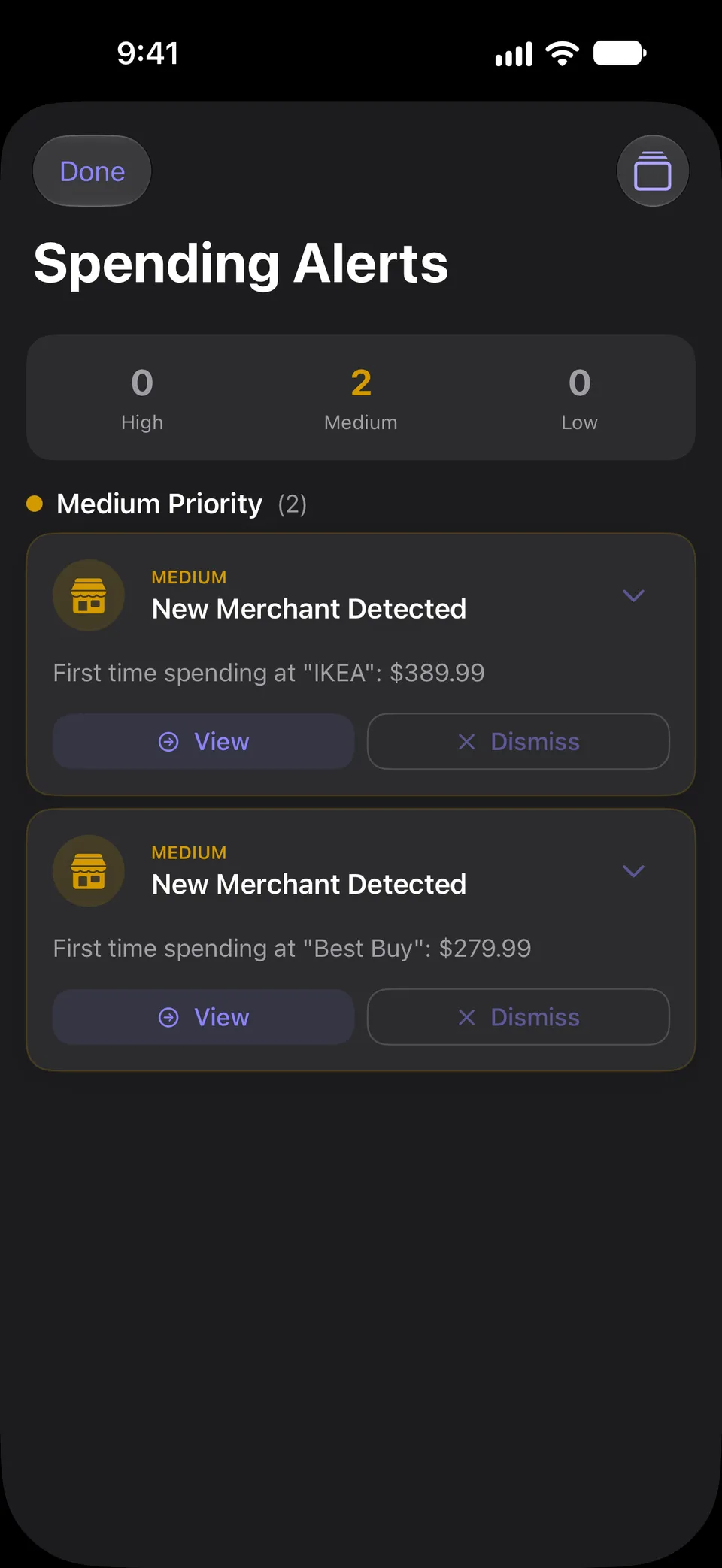 Spending Alerts screen with alert counts by priority and two medium-priority New Merchant Detected alerts for first-time purchases, each with View and Dismiss buttons.