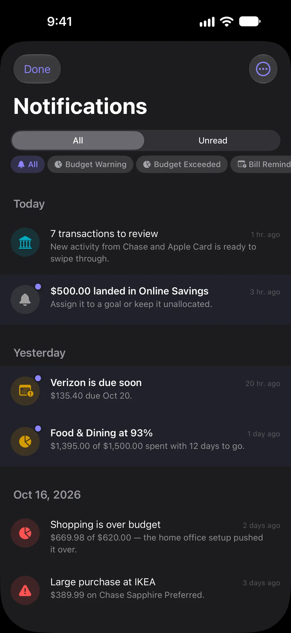 Notifications feed grouped by day with filters by alert type, showing new bank transactions ready to review, money landing in savings, a bill due soon, and budget warnings.