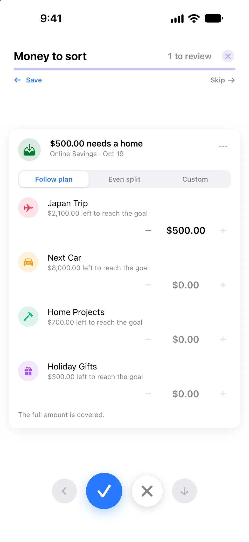 Money Inbox card announcing $500 that needs a home from an online savings account, with Follow plan, Even split and Custom options and amounts for the Japan Trip, Next Car, Home Projects and Holiday Gifts goals.