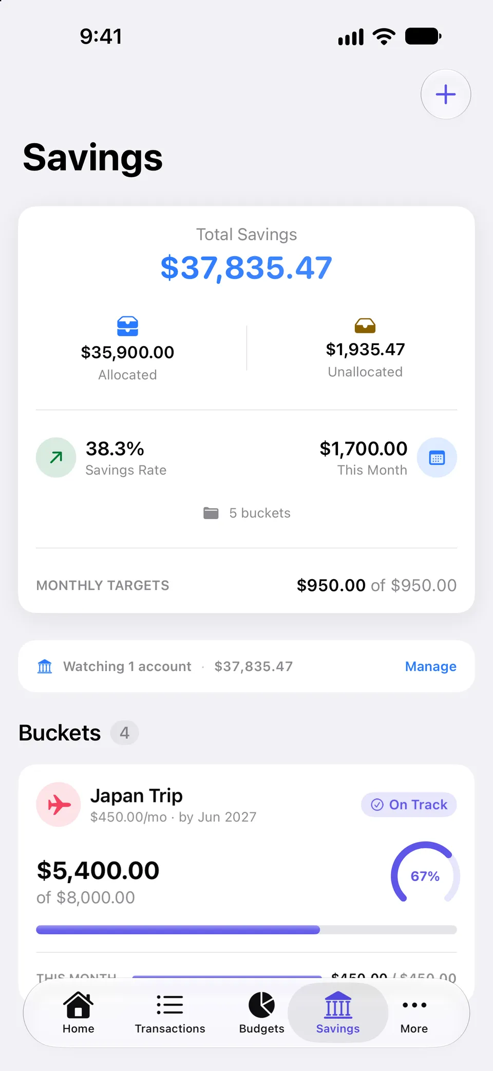 Savings screen showing total savings split into allocated and unallocated money, the savings rate, monthly targets and the watched savings account, above a Japan Trip goal at 67% with an On Track badge.