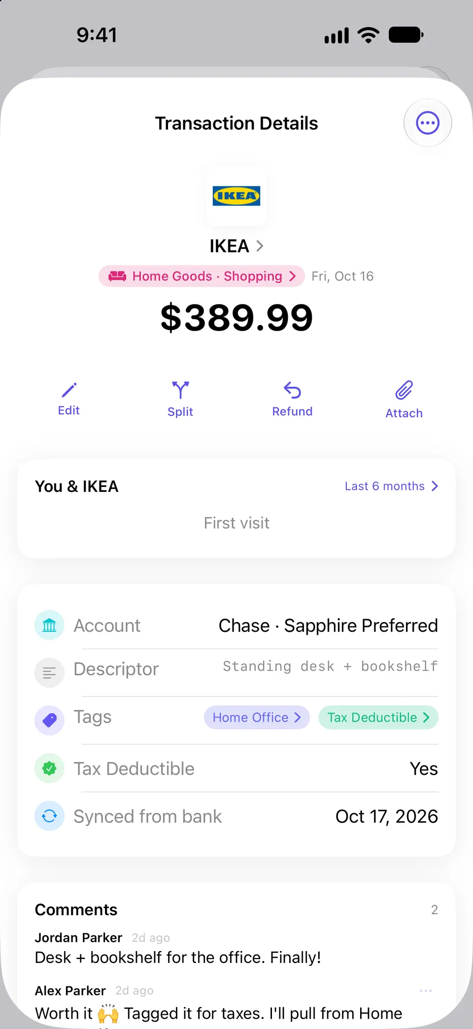 Transaction detail for a $389.99 IKEA purchase with edit, split, refund and attach actions, the account and descriptor, Home Office and Tax Deductible tags, and a comment thread between the two household members.