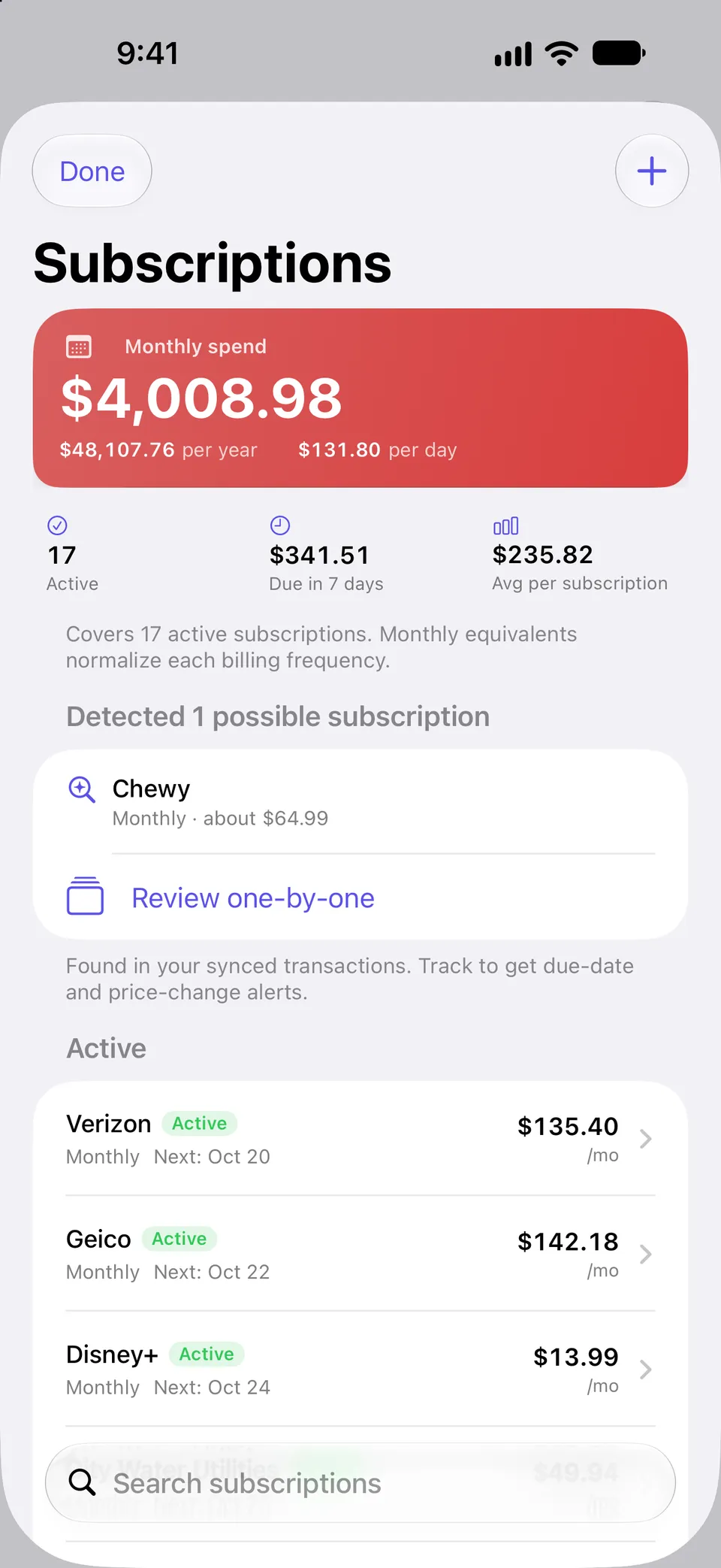 Subscriptions screen with total monthly spend, the number of active subscriptions, the amount due in the next 7 days and the average cost, a detected possible subscription to review, and active bills such as phone, car insurance and streaming with their next due dates.