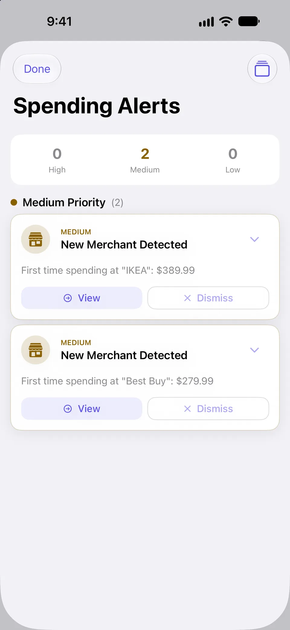 Spending Alerts screen with alert counts by priority and two medium-priority New Merchant Detected alerts for first-time purchases, each with View and Dismiss buttons.