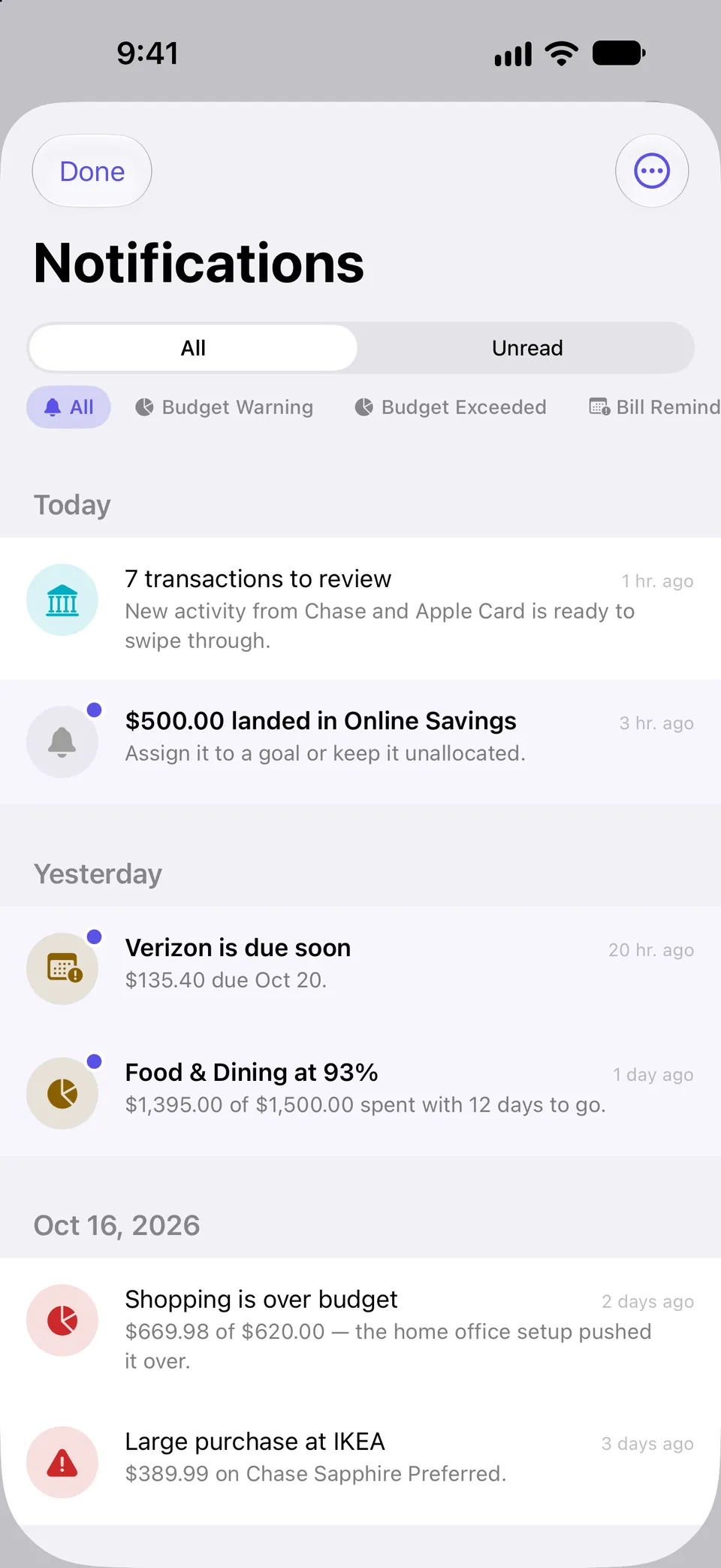 Notifications feed grouped by day with filters by alert type, showing new bank transactions ready to review, money landing in savings, a bill due soon, and budget warnings.