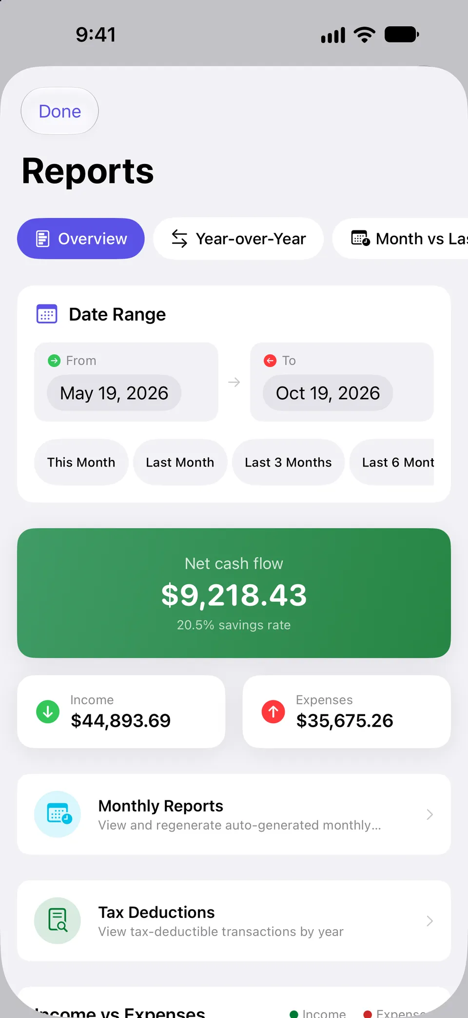 Reports overview with a date range picker and quick range buttons, a net cash flow card with the savings rate, income and expense totals, and links to monthly reports and tax deductions.